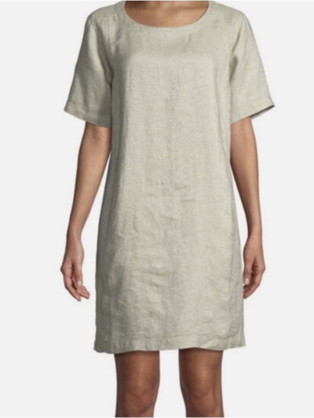 Eileen Fisher Twinkle Organic Linen Beige Metallic Shift Pockets Mini Dress xs